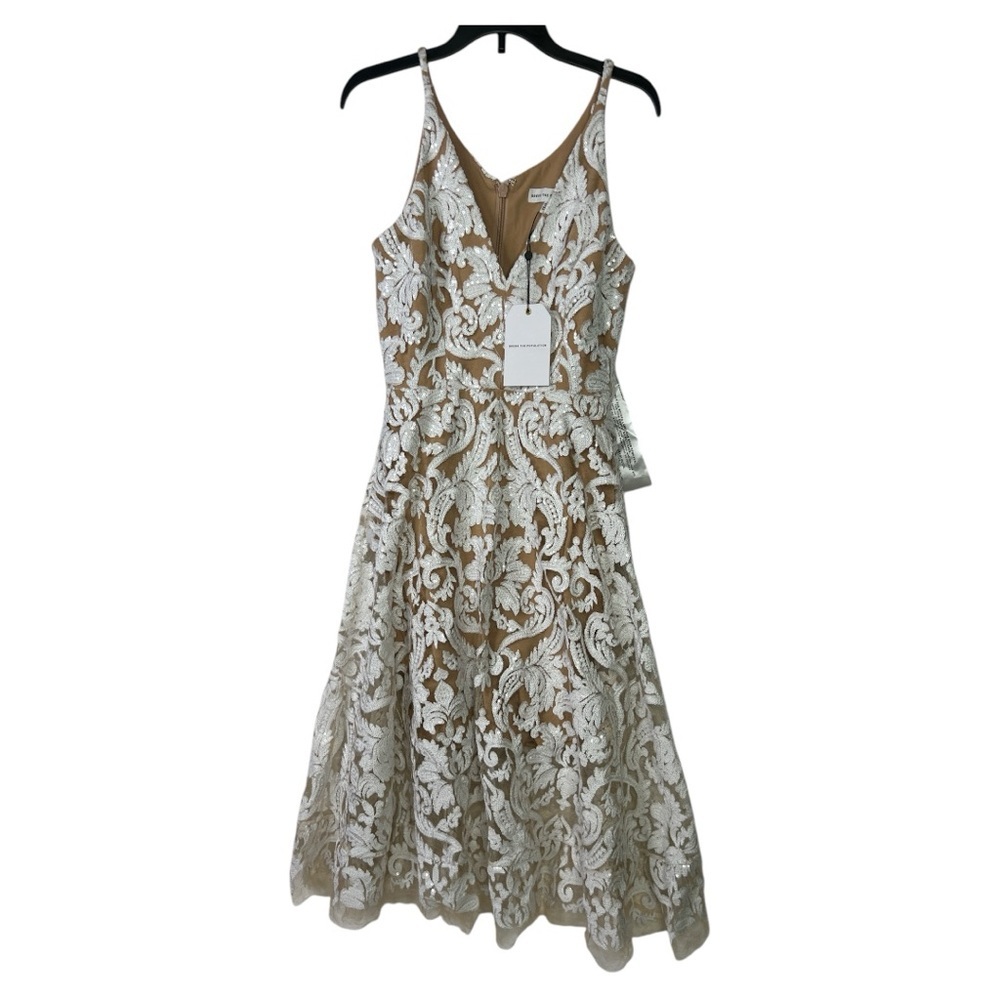 DRESS THE POPULATION NWT BLAIR WHITE NUDE LACE V NECK DRESS SZ XS - Picture 3 of 9